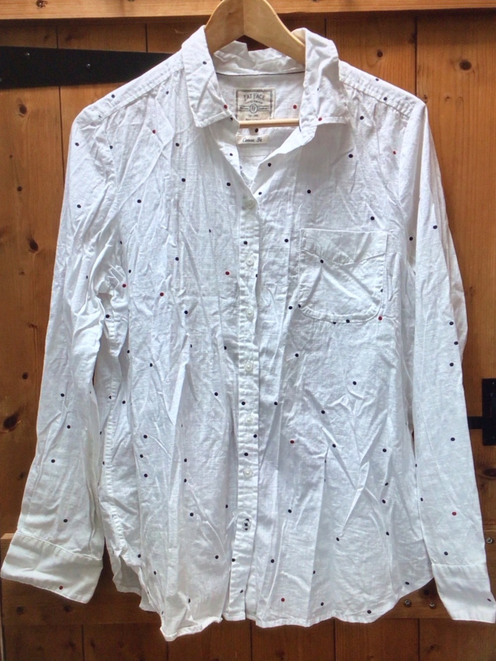 Fat Face White Button-Up Shirt with Navy & Red Polka Dots